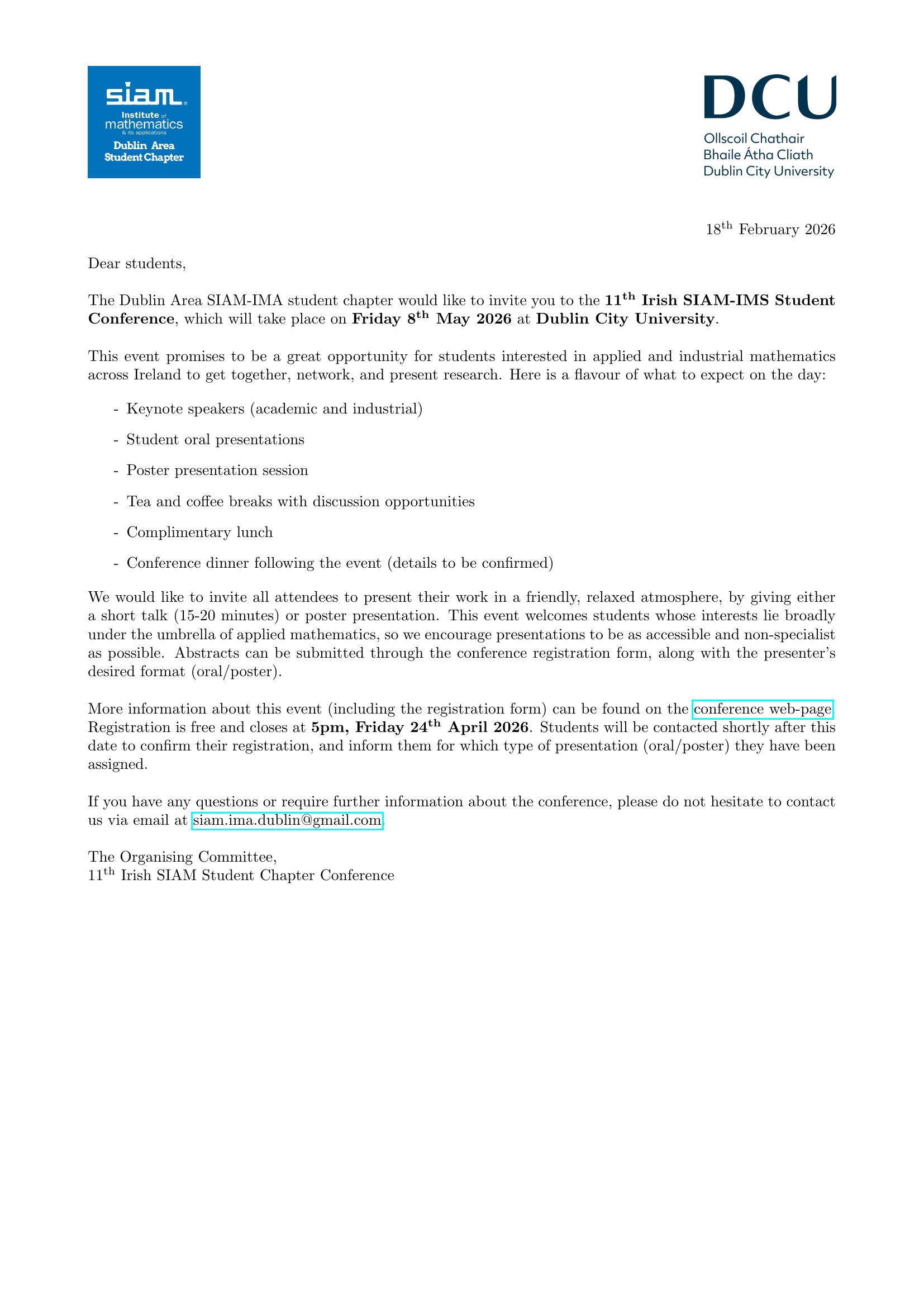 11th Irish SIAM-IMS Student Conference — 8 May 2026, DCU